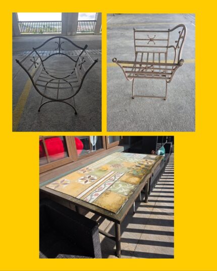 Juego de terraza Fierro con 6 sillas: Mesa de fierro con cubierta de baldosas y 6 sillas de fierro forjado