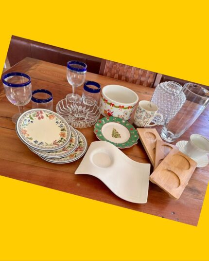 Juego de vajilla de 19 piezas (porcelana, cerámica, vidrio y madera)