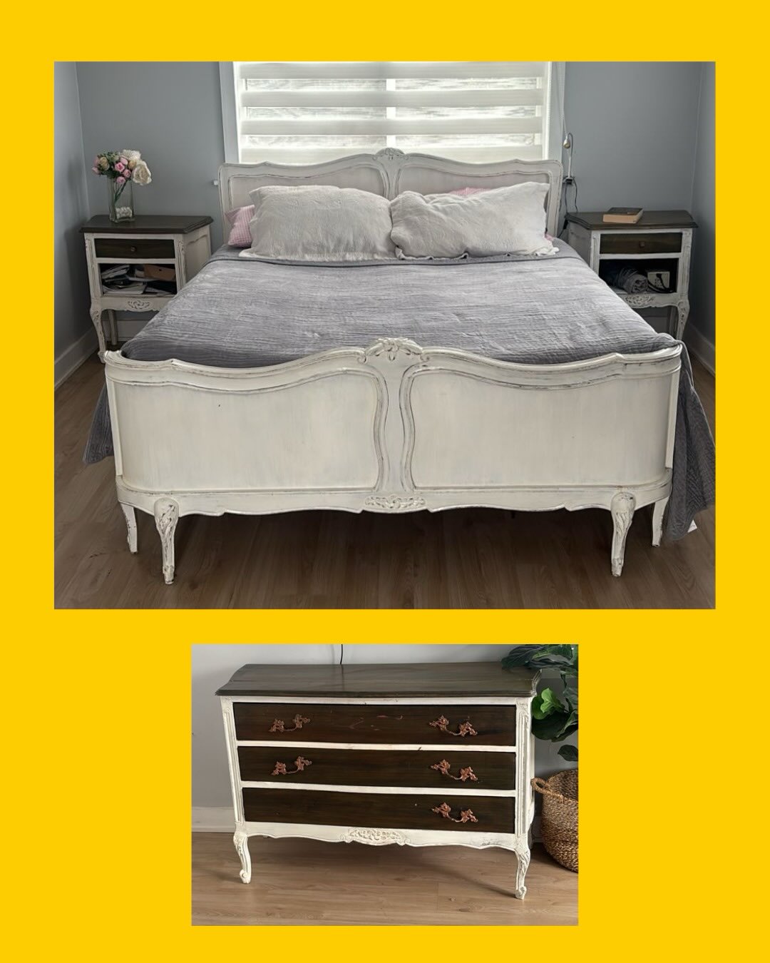 Cama con respaldo, con 2 veladores y cómoda. Todo estilo normando