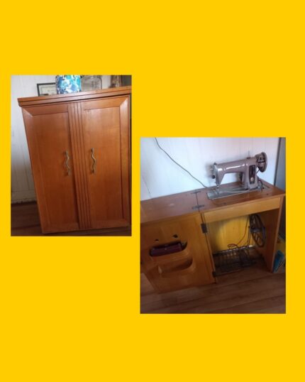 Máquina de coser antigua con ojalador electrica y de pie. Queda cerrada como mueble arrimo Singer
