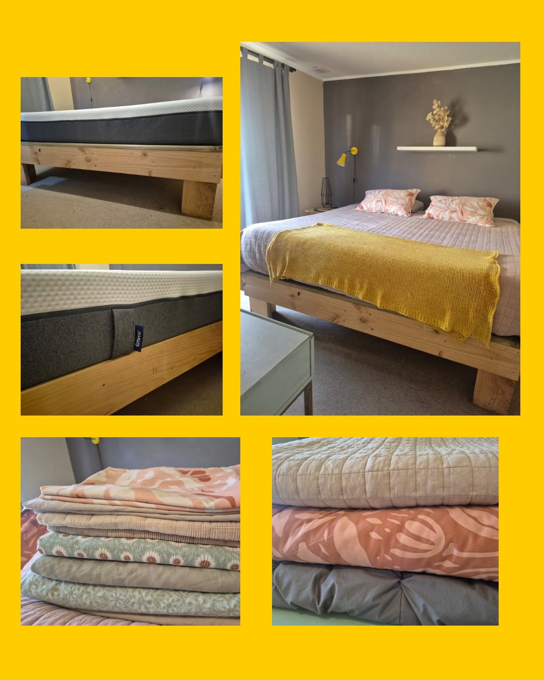 Cama super king con ropa de cama (Colchón + base madera + ropa de cama) Emma (colchón), Cannon Home (quilt, sábanas), Hombys (cobertor plomo)