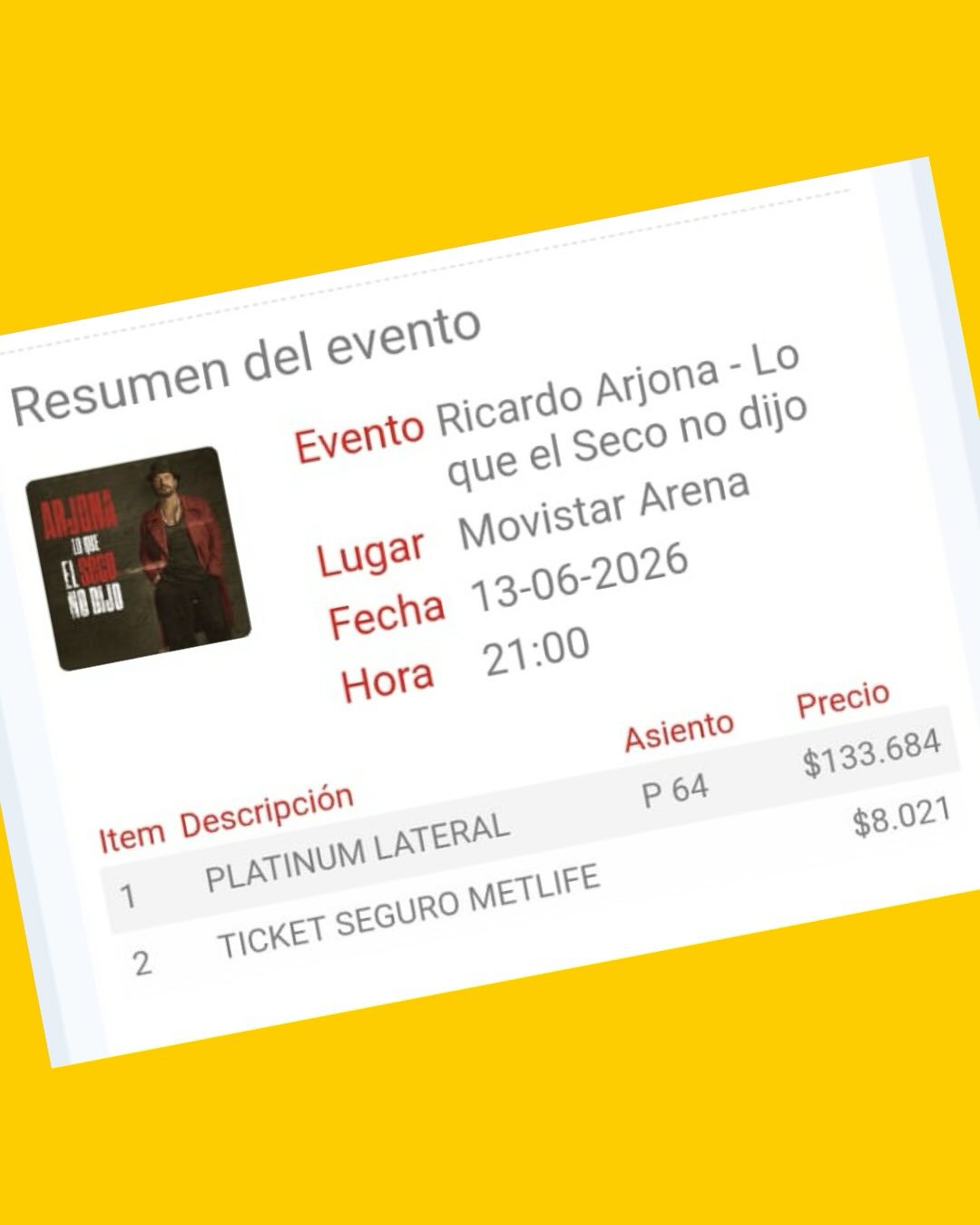 1 Entrada Ricardo Arjona - Lo que el Seco no dijo, Platinium lateral
