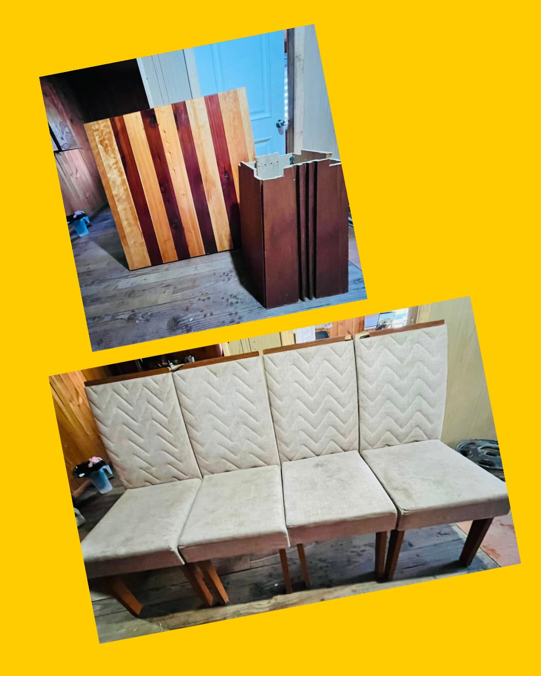 Comedor rústico con cubierta de madera de alerce y ciprés con 4 sillas de tela